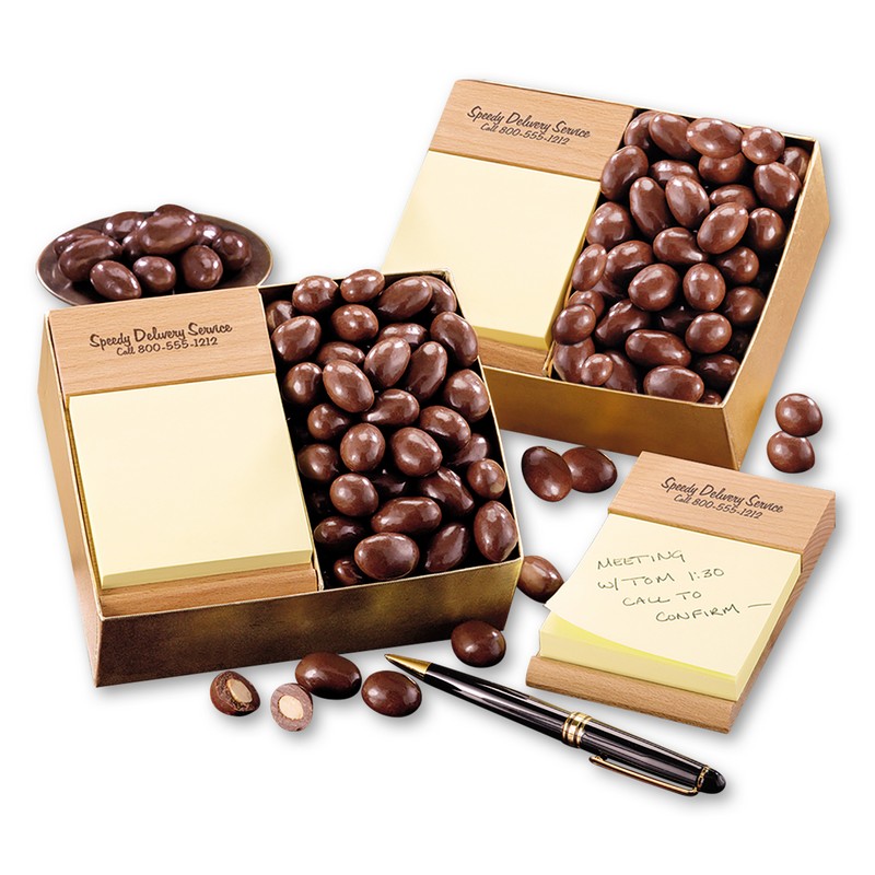 Beech Post-it Note Holder with Chocolate Covered Almonds 
